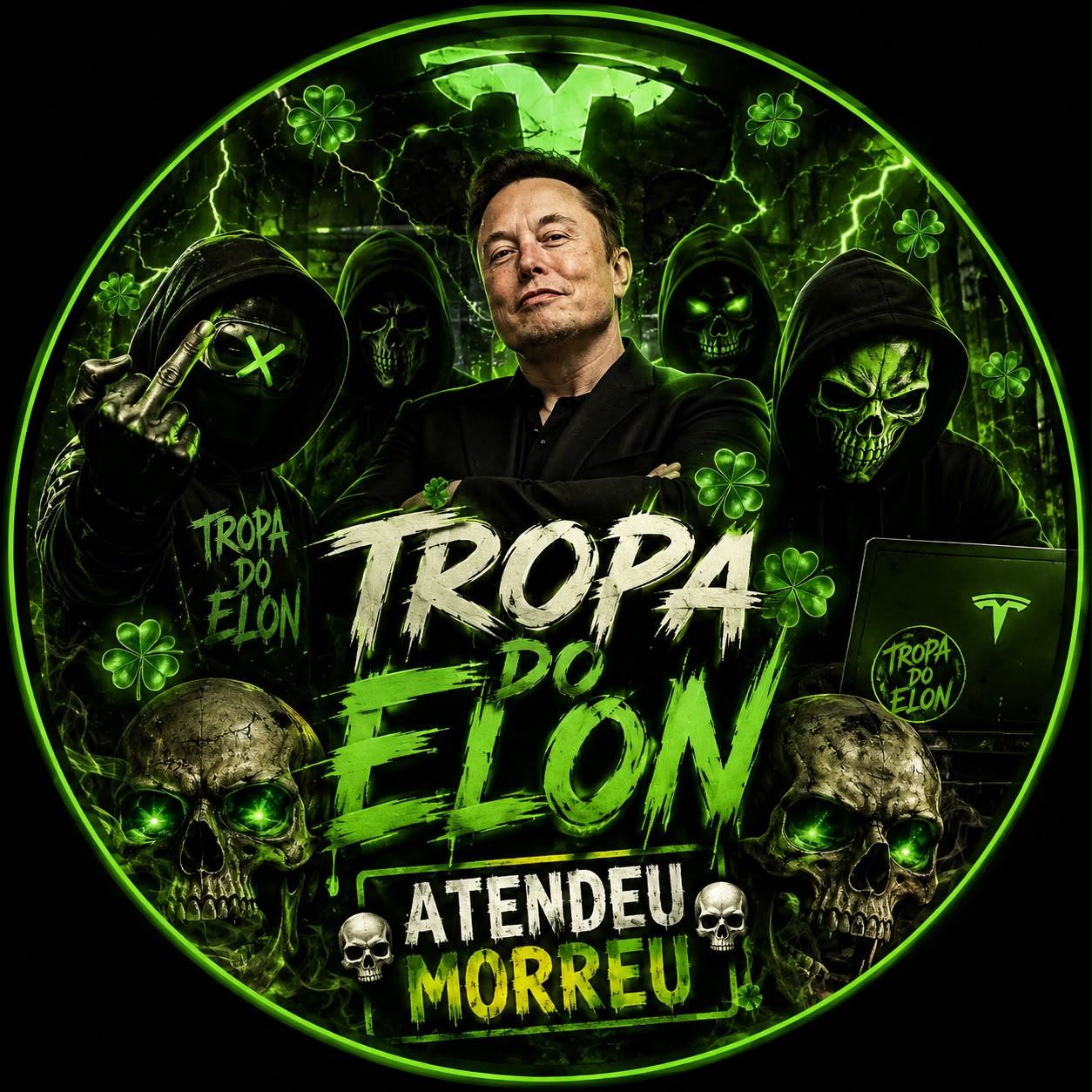 Selo neon da Tropa do Elon com caveiras e trevos