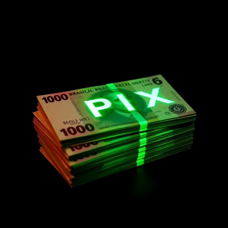 Maço de notas de mil reais com destaque PIX em neon verde